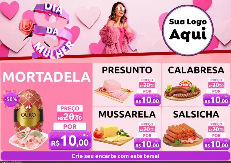 Modelo de Encarte para Encarte A4 Horizontal com o tema Dia da Mulher para Frios e Laticínios