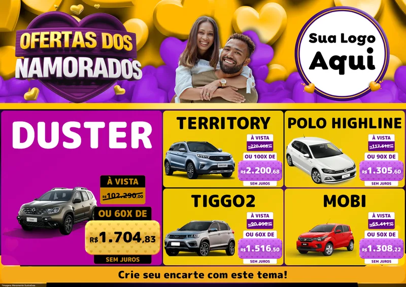 Modelo de Encarte para Encarte A4 Horizontal com o tema Oferta Dos Namorados para Concessionaria de Carros