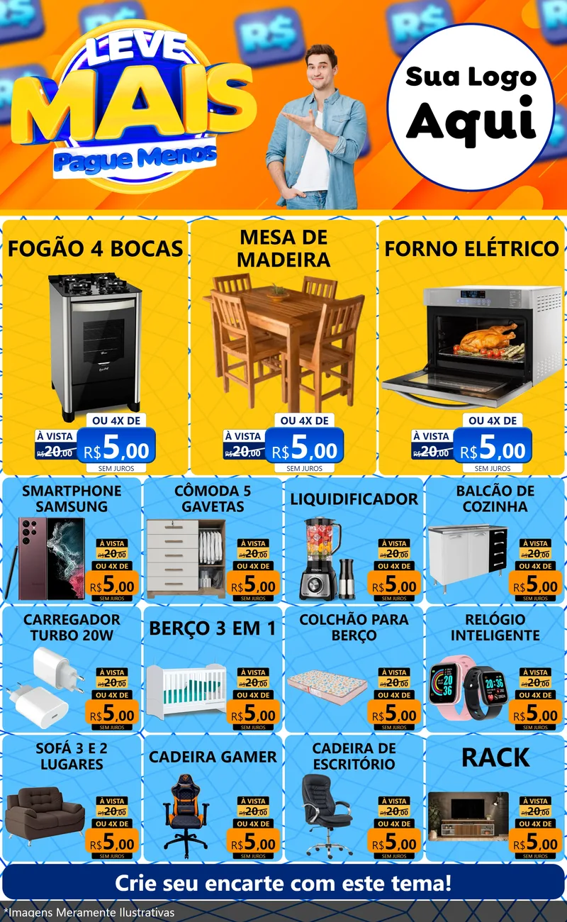 Modelo de Encarte para Encarte Grande com o tema Leve Mais, Pague Menos para Móveis e Eletro