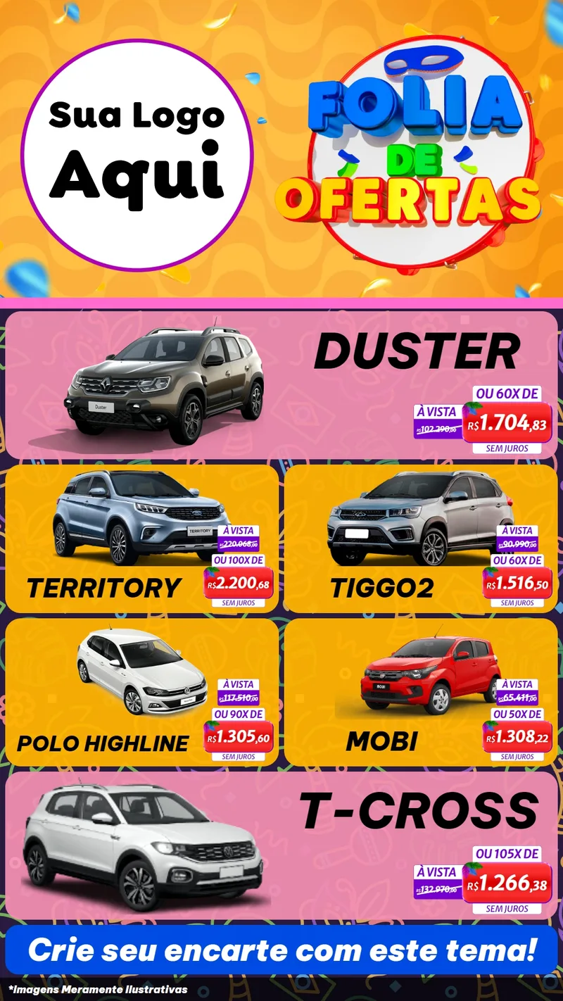 Modelo de TV para TV Vertical com o tema Folia de Ofertas para Concessionaria de Carros