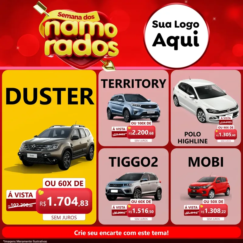 Modelo de Rede Social para Feed Facebook com o tema Semana dos namorados para Concessionaria de Carros