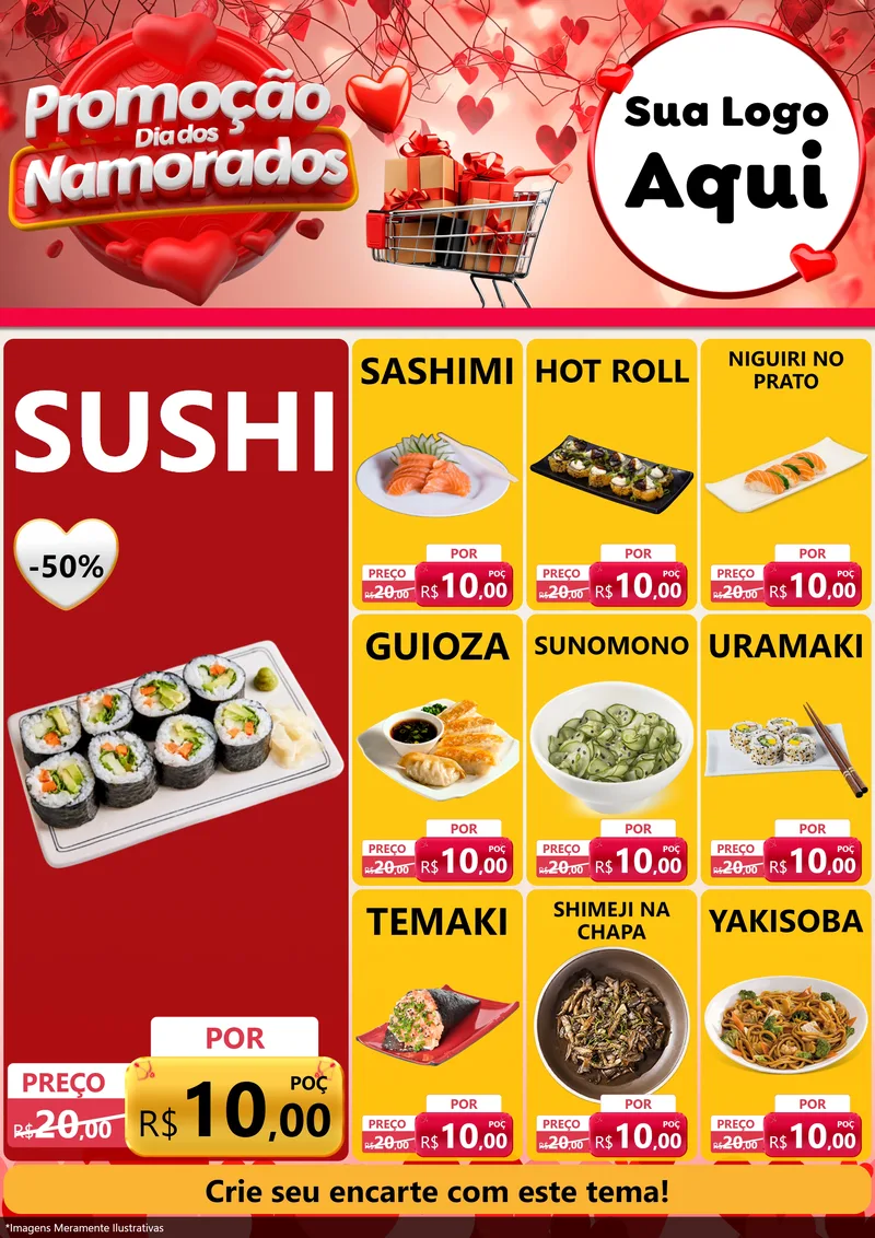 Modelo de Encarte para Encarte A4 Vertical com o tema Promoção Dia dos Namorados para Comida japonesa