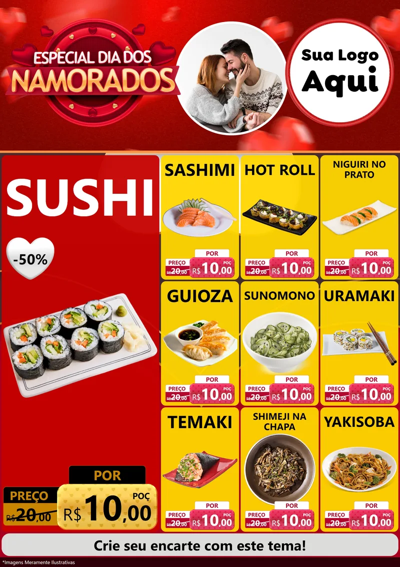 Modelo de Encarte para Encarte A4 Vertical com o tema Especial Dia Dos Namorados para Comida japonesa