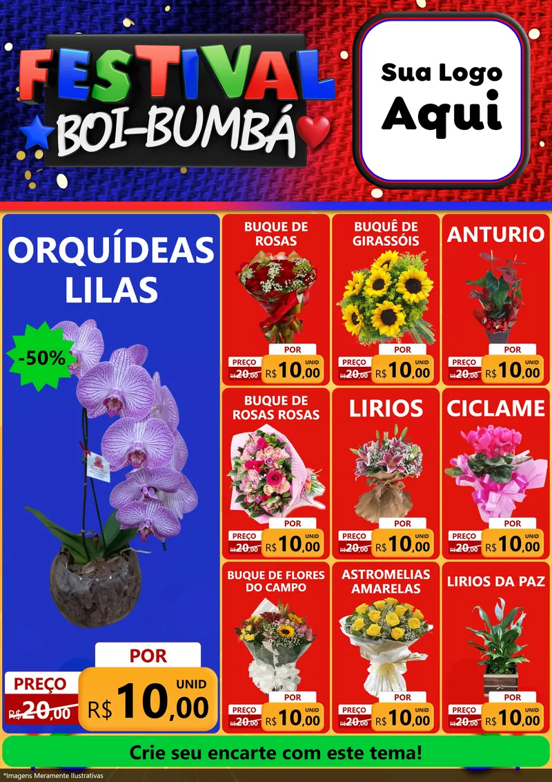 Modelo de Encarte para Encarte A4 Vertical com o tema Festival Boi-Bumbá para Floricultura e jardim