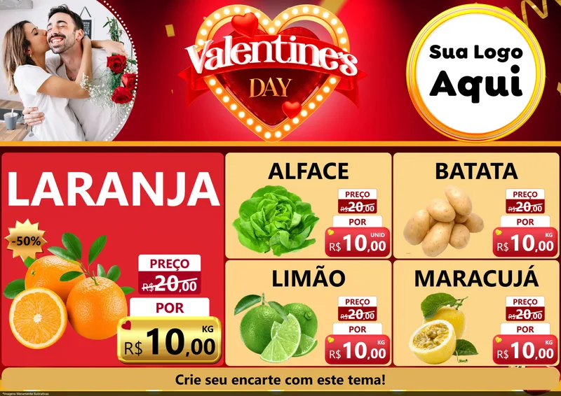 Modelo de Encarte para Encarte A4 Horizontal com o tema Valentine's Day para Hortifrúti