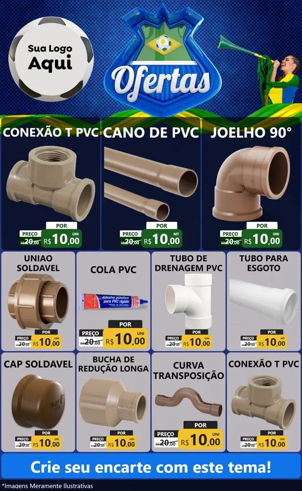 Modelo de Encarte para Encarte Grande com o tema Ofertas (Futebol) para Tubos e conexões