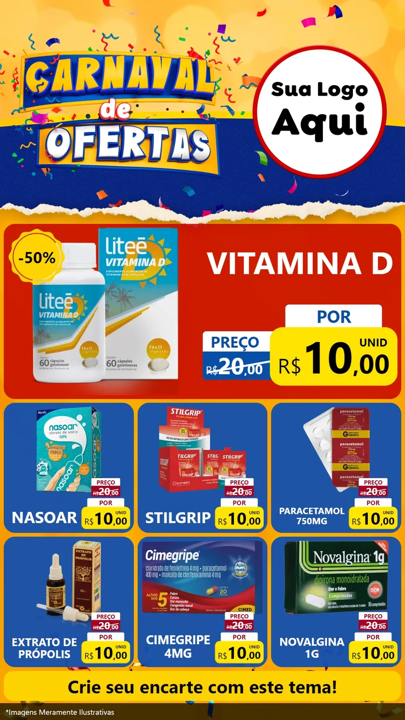 Modelo de Rede Social para Stories com o tema Carnaval de Ofertas para Farmácia
