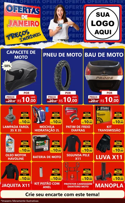 Modelo de Encarte para Encarte Grande com o tema Ofertas de Janeiro - Preços Incríveis para Moto peças