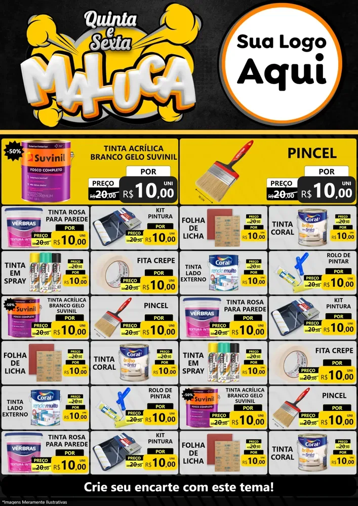 Modelo de Encarte para Encarte A4 Vertical com o tema Quinta e Sexta Maluca para Tintas e Ferramentas