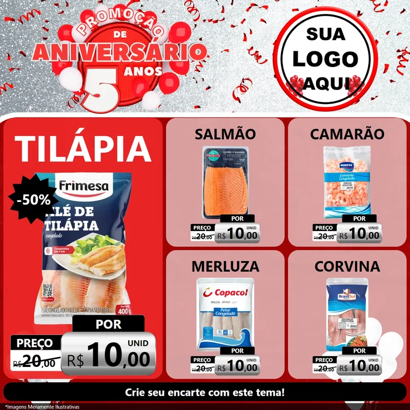 Modelo de Rede Social para Feed Facebook com o tema Promoção de Aniversário - 5 Anos para Peixaria