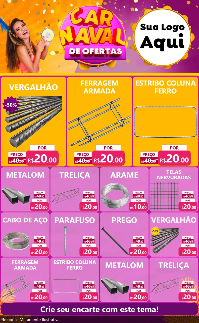 Modelo de Encarte para Encarte Grande com o tema Carnaval de Ofertas para Ferragens
