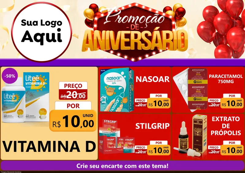 Modelo de Encarte para Encarte A4 Horizontal com o tema Promoção de Aniversário para Farmácia