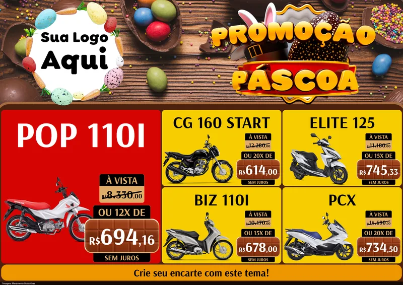 Modelo de Encarte para Encarte A4 Horizontal com o tema Promoção Páscoa para Concessionaria de Motos