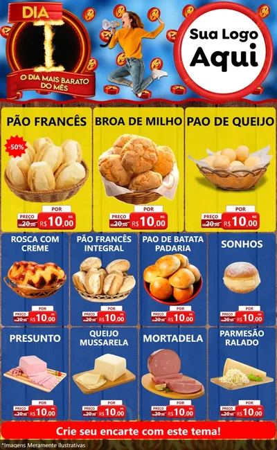Modelo de Encarte para Encarte Grande com o tema Dia I - O Dia Mais Barato Do Mês para Padaria