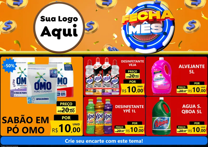 Modelo de Encarte para Encarte A4 Horizontal com o tema Fecha Mês para Produtos de Limpeza