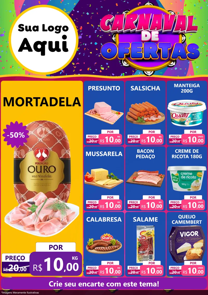 Modelo de Encarte para Encarte A4 Vertical com o tema Carnaval de Ofertas para Frios e Laticínios