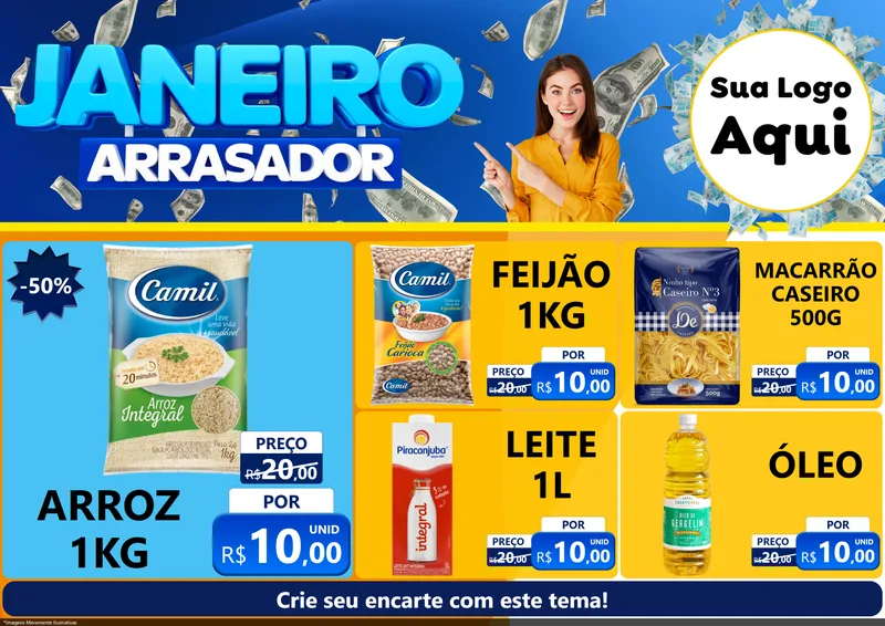 Modelo de Encarte para Encarte A4 Horizontal com o tema Janeiro Arrasador para Supermercado
