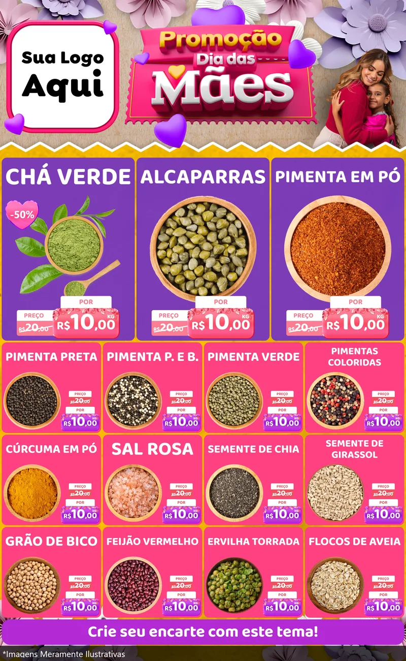 Modelo de Encarte para Encarte Grande com o tema Promoção Dia das Mães para Produtos Naturais