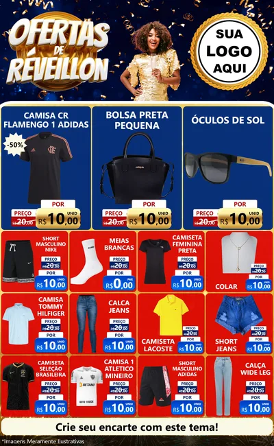 Modelo de Encarte para Encarte Grande com o tema Ofertas de Réveillon para Roupas e acessórios