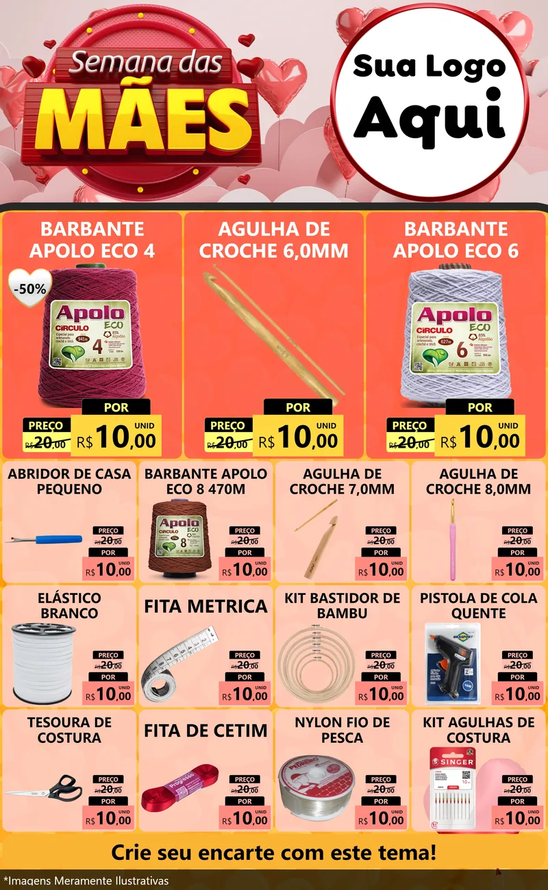 Modelo de Encarte para Encarte Grande com o tema Semana das Mães para Armarinho e Aviamentos