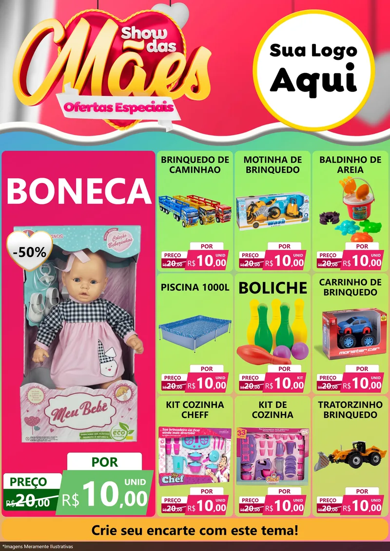 Modelo de Encarte para Encarte A4 Vertical com o tema Show das Mães - Ofertas Especiais para Brinquedos