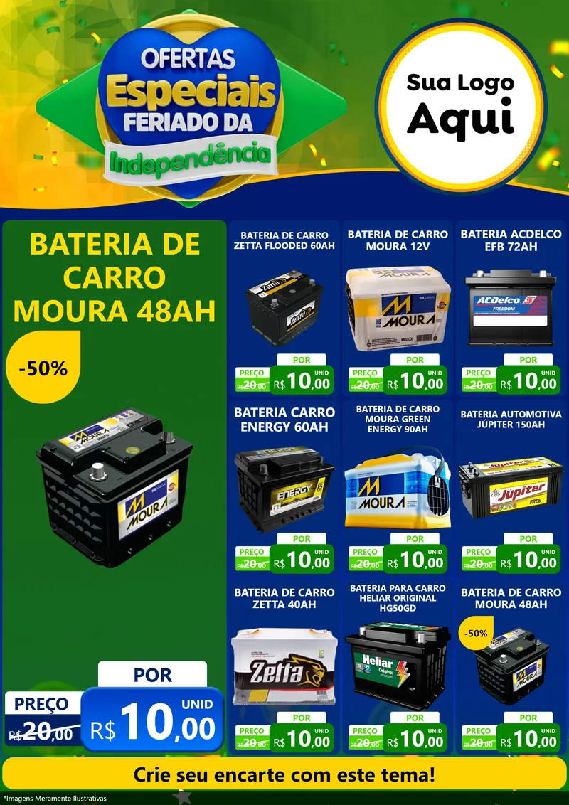 Modelo de Encarte para Encarte A4 Vertical com o tema Ofertas Especiais Feriado da Independência para Baterias Elétricas