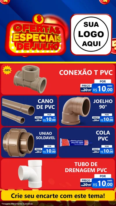 Modelo de TV para TV Vertical com o tema Ofertas Especiais de Julho para Tubos e conexões