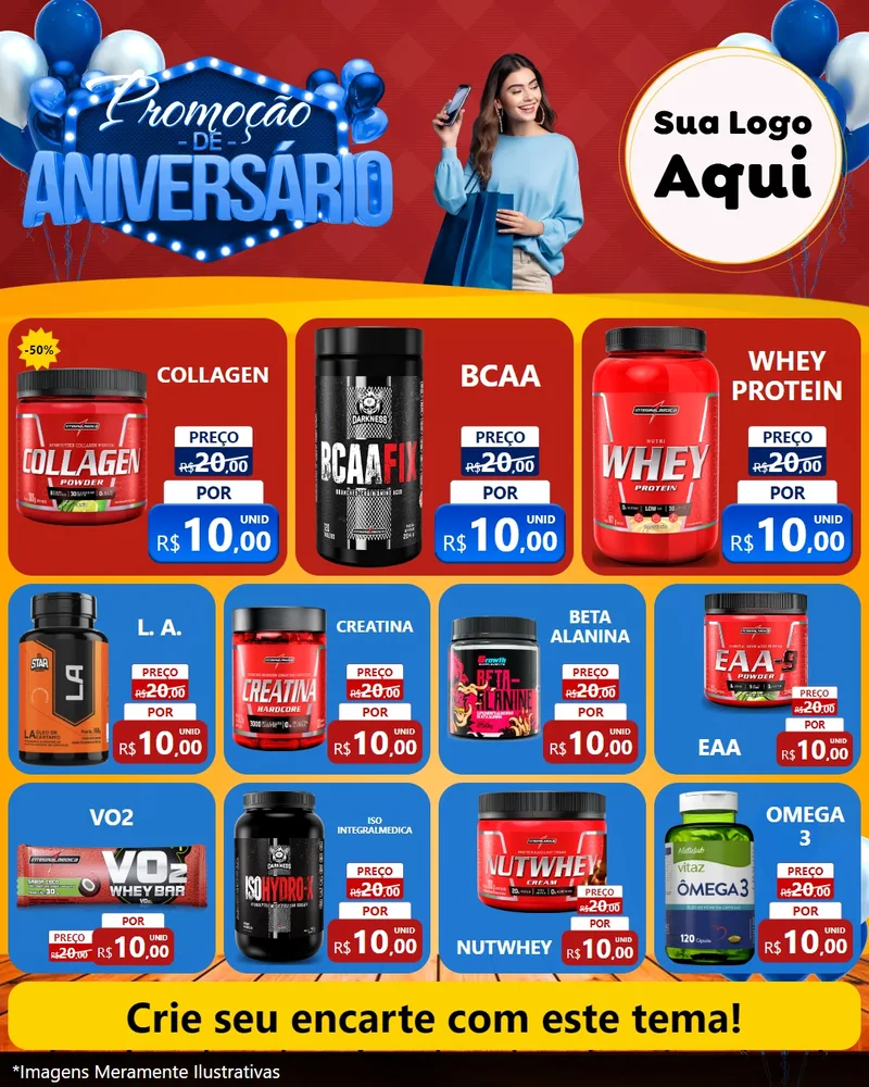 Modelo de Rede Social para Feed Instagram com o tema Promoção de Aniversário para Suplementos alimentares