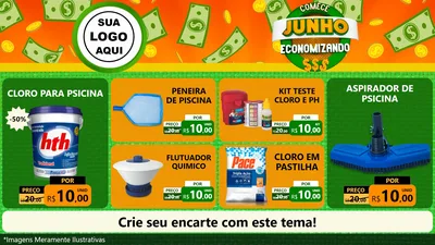 Modelo de TV para TV Horizontal com o tema Comece Junho Economizando para Produtos para Piscina