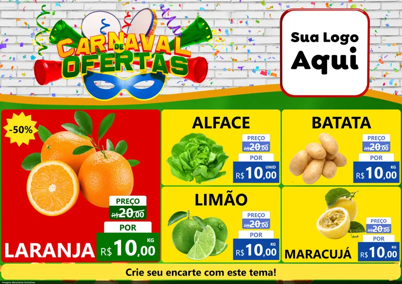 Modelo de Encarte para Encarte A4 Horizontal com o tema Carnaval de Ofertas para Hortifrúti