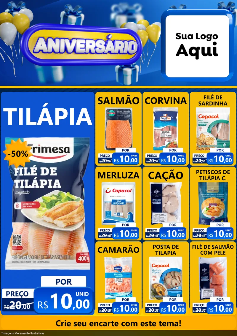 Modelo de Encarte para Encarte A4 Vertical com o tema Aniversário para Peixaria
