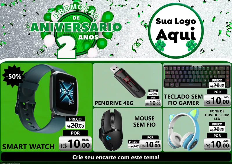 Modelo de Encarte para Encarte A4 Horizontal com o tema Promoção de Aniversário - 2 Anos para Informática