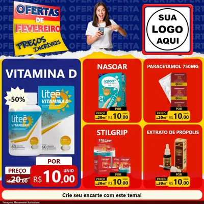 Modelo de Rede Social para Feed Facebook com o tema Ofertas de Fevereiro - Preços Incríveis para Farmácia