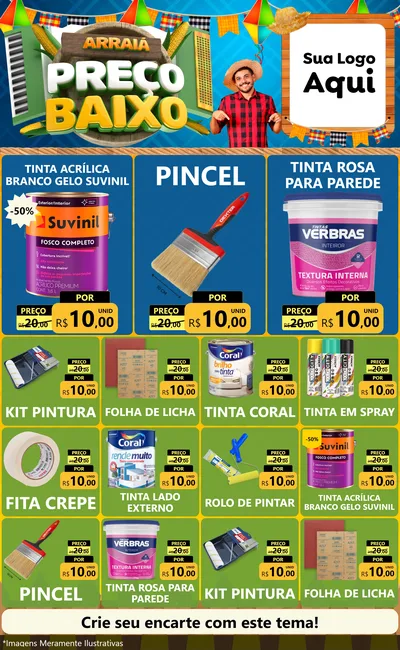 Modelo de Encarte para Encarte Grande com o tema Arraiá de Preço Baixo - Junina para Tintas e Ferramentas