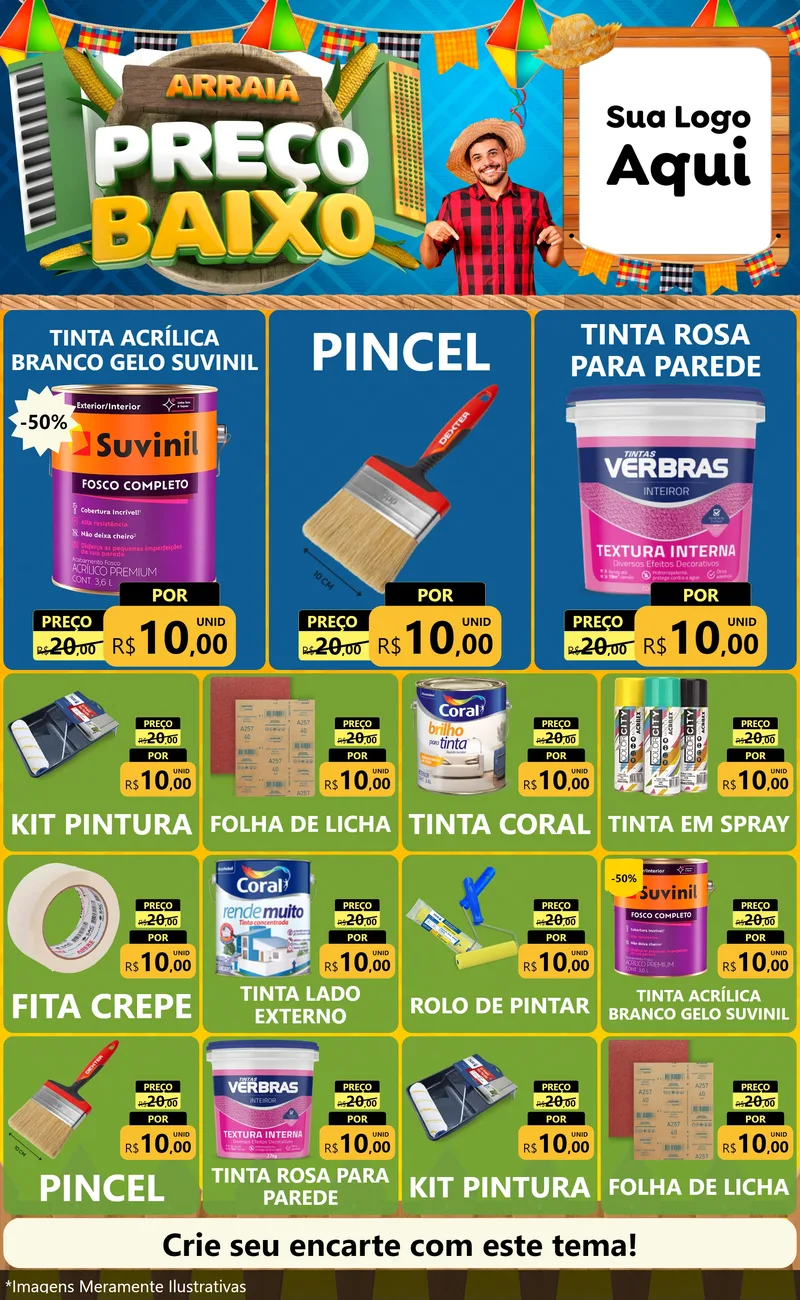 Modelo de Encarte para Encarte Grande com o tema Arraiá de Preço Baixo - Junina para Tintas e Ferramentas