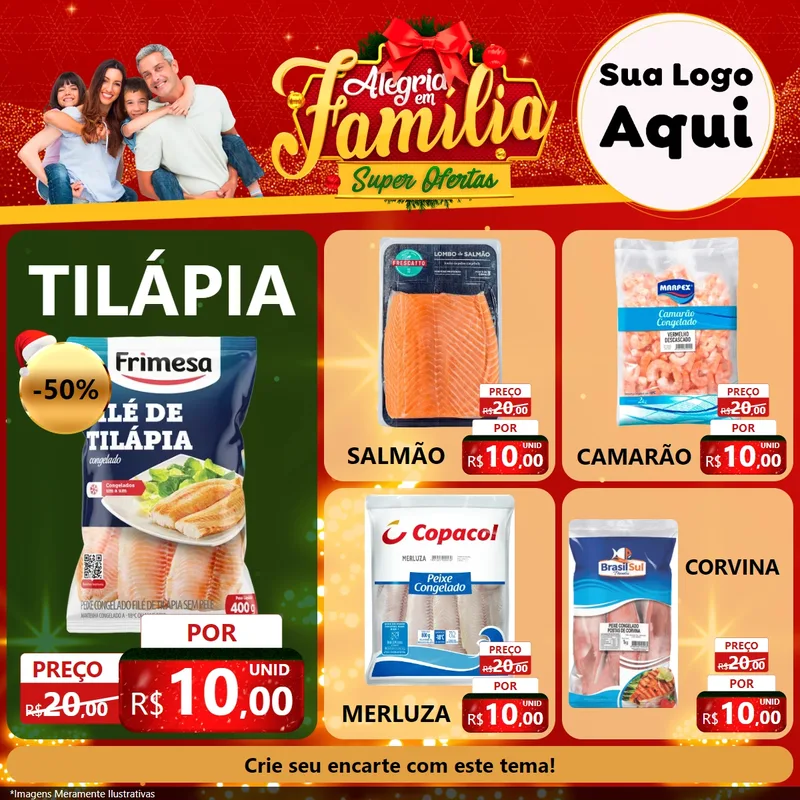 Modelo de Rede Social para Feed Facebook com o tema Alegria em Família Super Ofertas - Natal para Peixaria