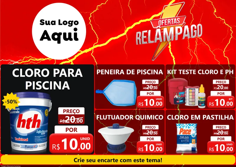 Modelo de Encarte para Encarte A4 Horizontal com o tema Ofertas Relâmpago para Produtos para Piscina