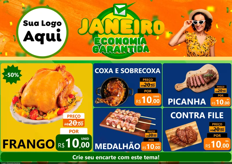 Modelo de Encarte para Encarte A4 Horizontal com o tema Janeiro - Economia Garantida para Assados