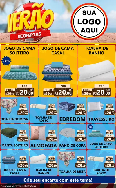 Modelo de Encarte para Encarte Grande com o tema Verão de Ofertas para Cama, Mesa e Banho