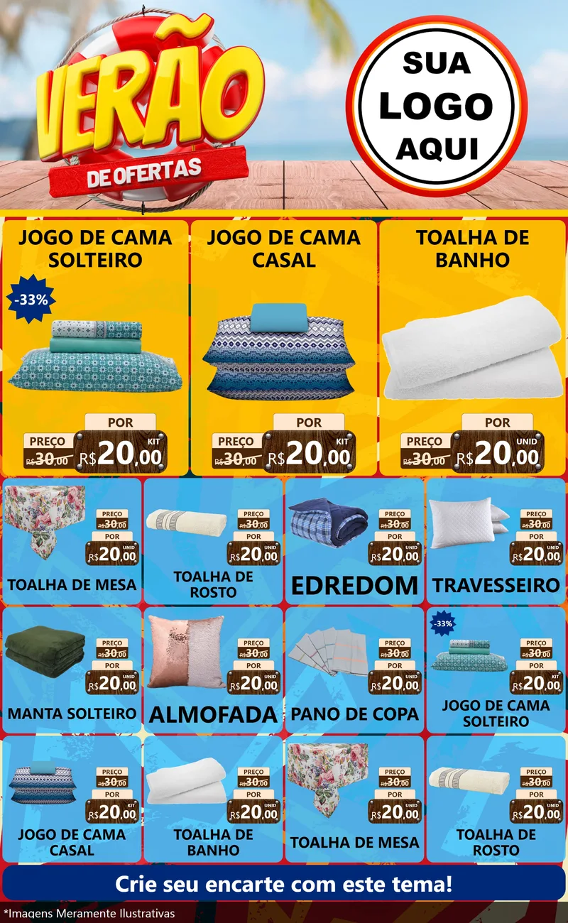 Modelo de Encarte para Encarte Grande com o tema Verão de Ofertas para Cama, Mesa e Banho