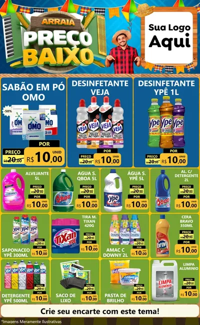 Modelo de Encarte para Encarte Grande com o tema Arraiá de Preço Baixo - Junina para Produtos de Limpeza