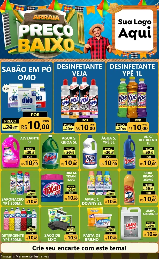 Modelo de Encarte para Encarte Grande com o tema Arraiá de Preço Baixo - Junina para Produtos de Limpeza