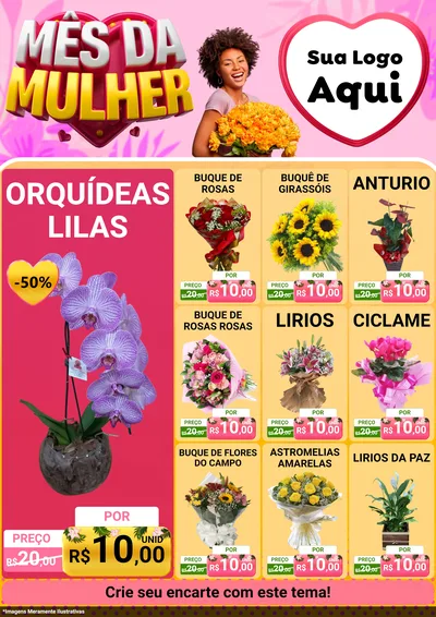Modelo de Encarte para Encarte A4 Vertical com o tema Mês da Mulher para Floricultura e jardim