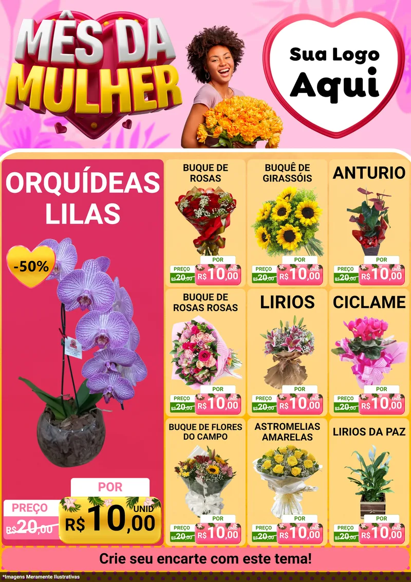 Modelo de Encarte para Encarte A4 Vertical com o tema Mês da Mulher para Floricultura e jardim