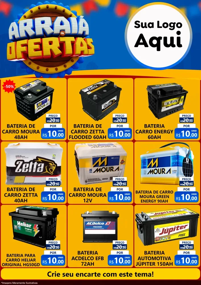 Modelo de Encarte para Encarte A4 Vertical com o tema Arraiá de Ofertas - Junina para Baterias Elétricas