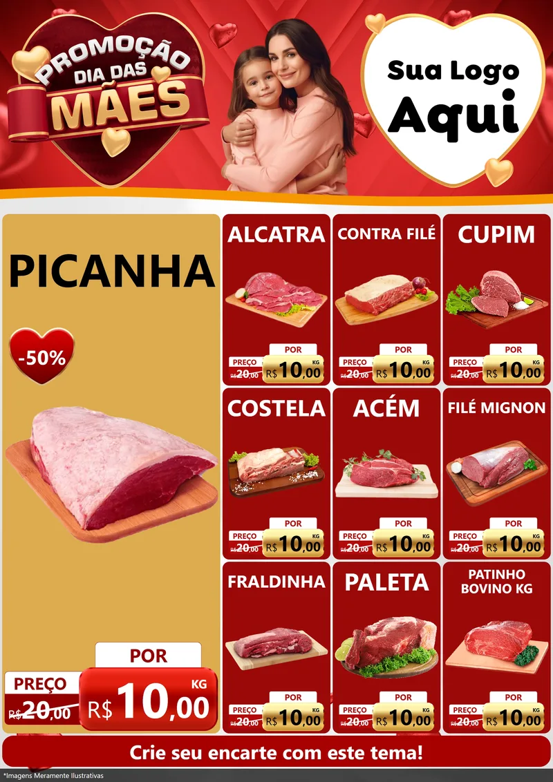 Modelo de Encarte para Encarte A4 Vertical com o tema Promoção Dia das Mães para Açougue