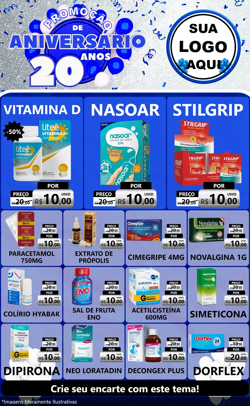 Modelo de Encarte para Encarte Grande com o tema Promoção de Aniversário - 20 Anos para Farmácia