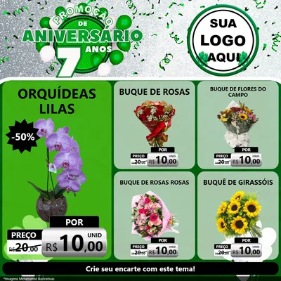 Modelo de Rede Social para Feed Facebook com o tema Promoção de Aniversário - 7 Anos para Floricultura e jardim