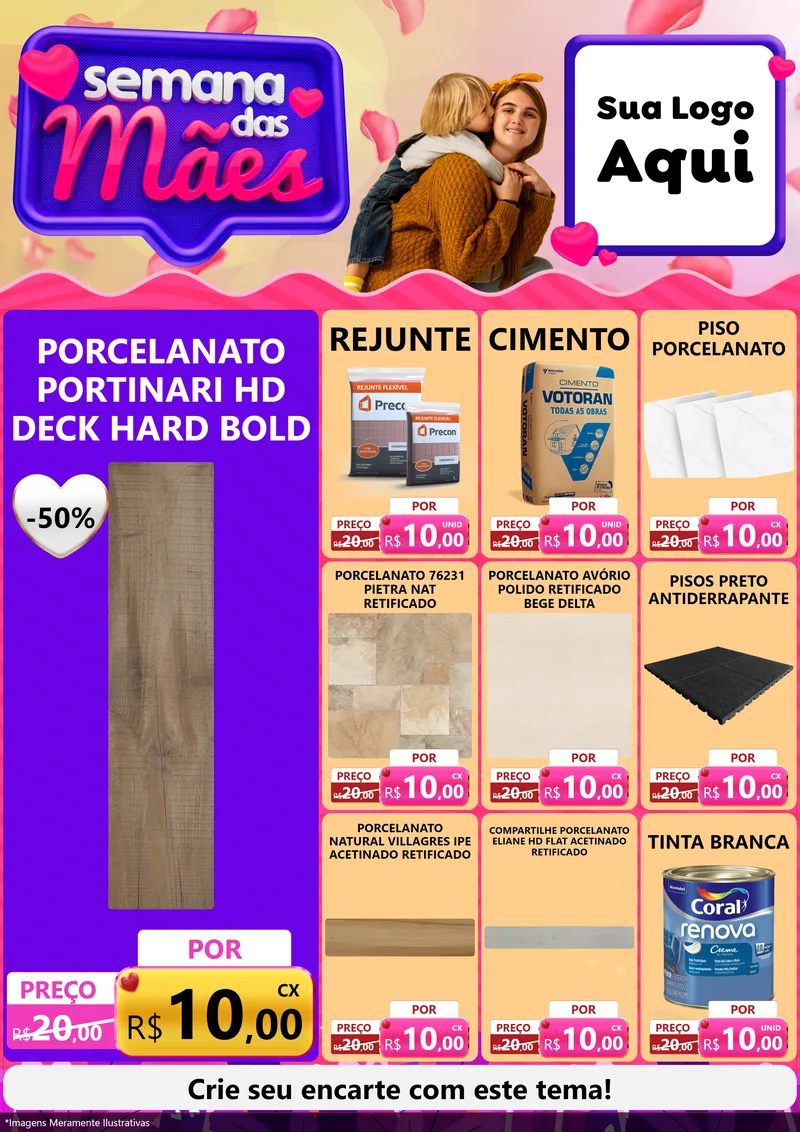 Modelo de Encarte para Encarte A4 Vertical com o tema Semana das Mães para Pisos e revestimentos