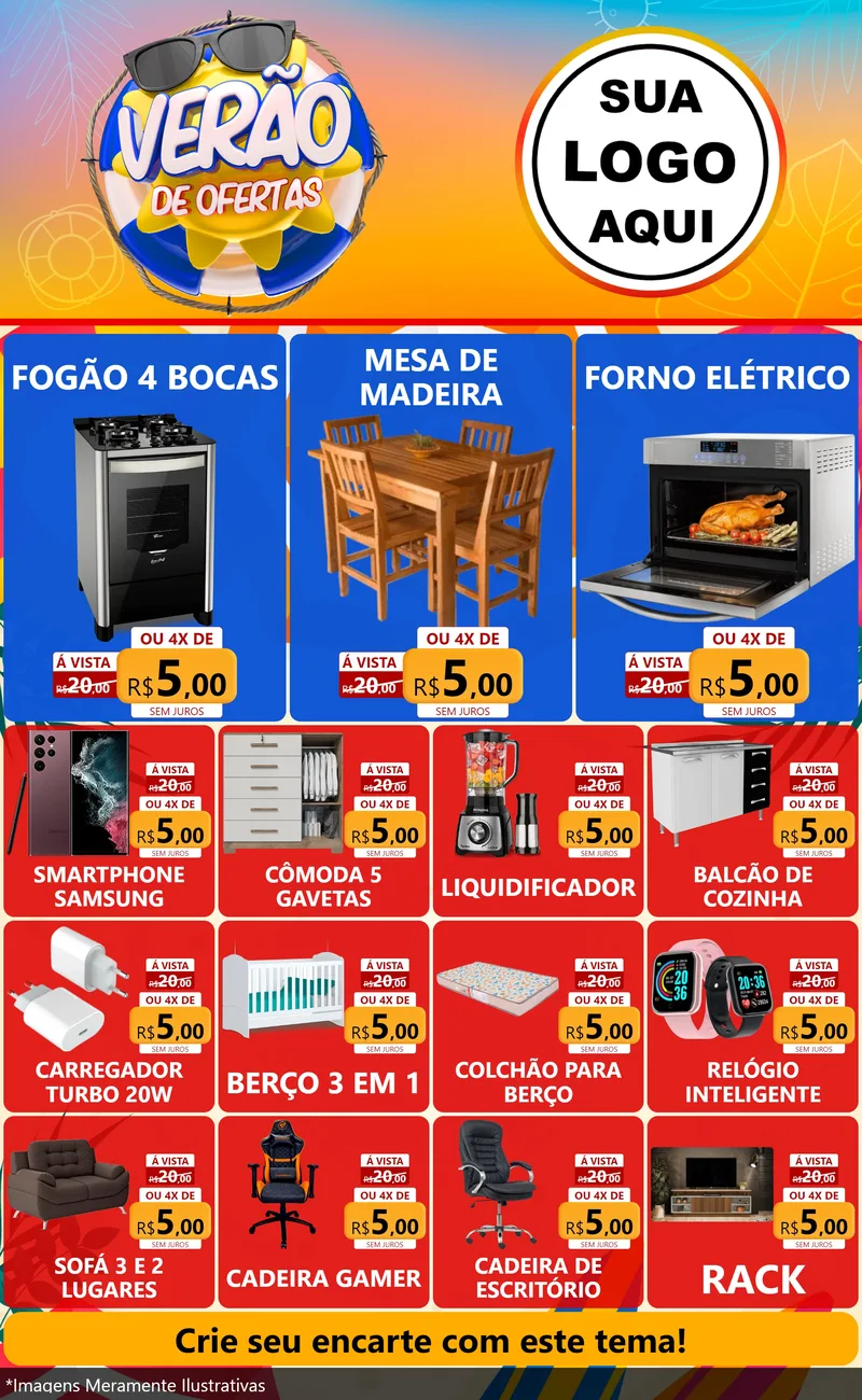 Modelo de Encarte para Encarte Grande com o tema Verão de Ofertas para Móveis e Eletro